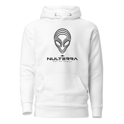 White Alien Echo hoodie with a black line-art alien face and NULTERRA wordmark, front view.