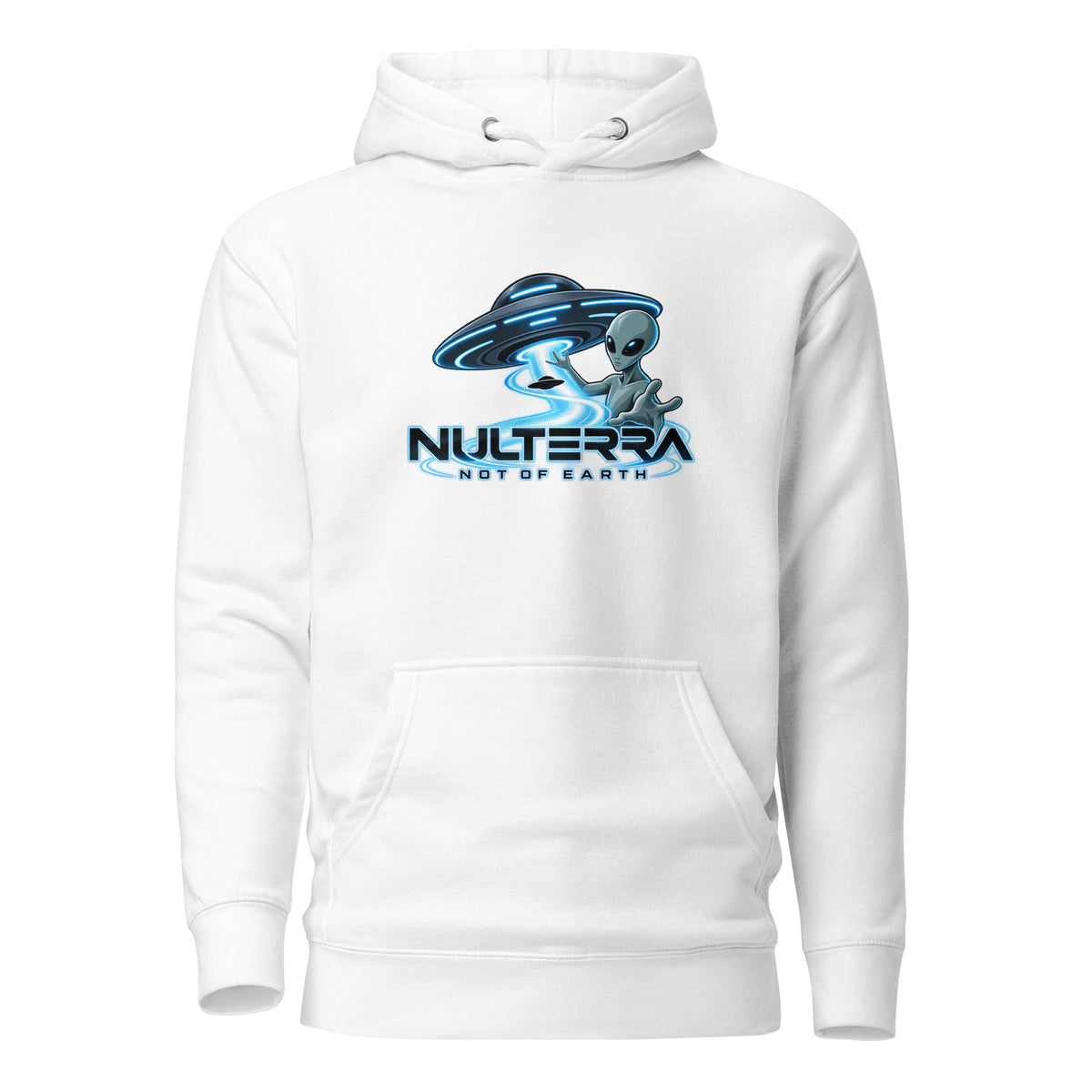 Signal Contact Alien UFO Hoodie in white with Nulterra grey alien and glowing UFO graphic