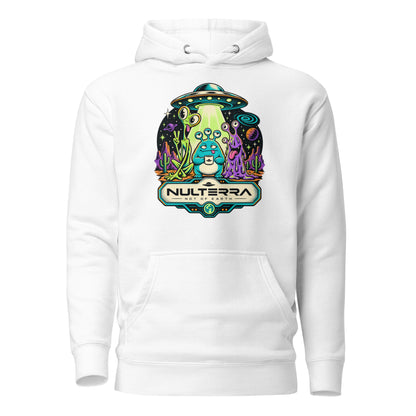 White Strange Planet Alien UFO Hoodie with colourful retro sci-fi alien landscape and flying saucer graphic