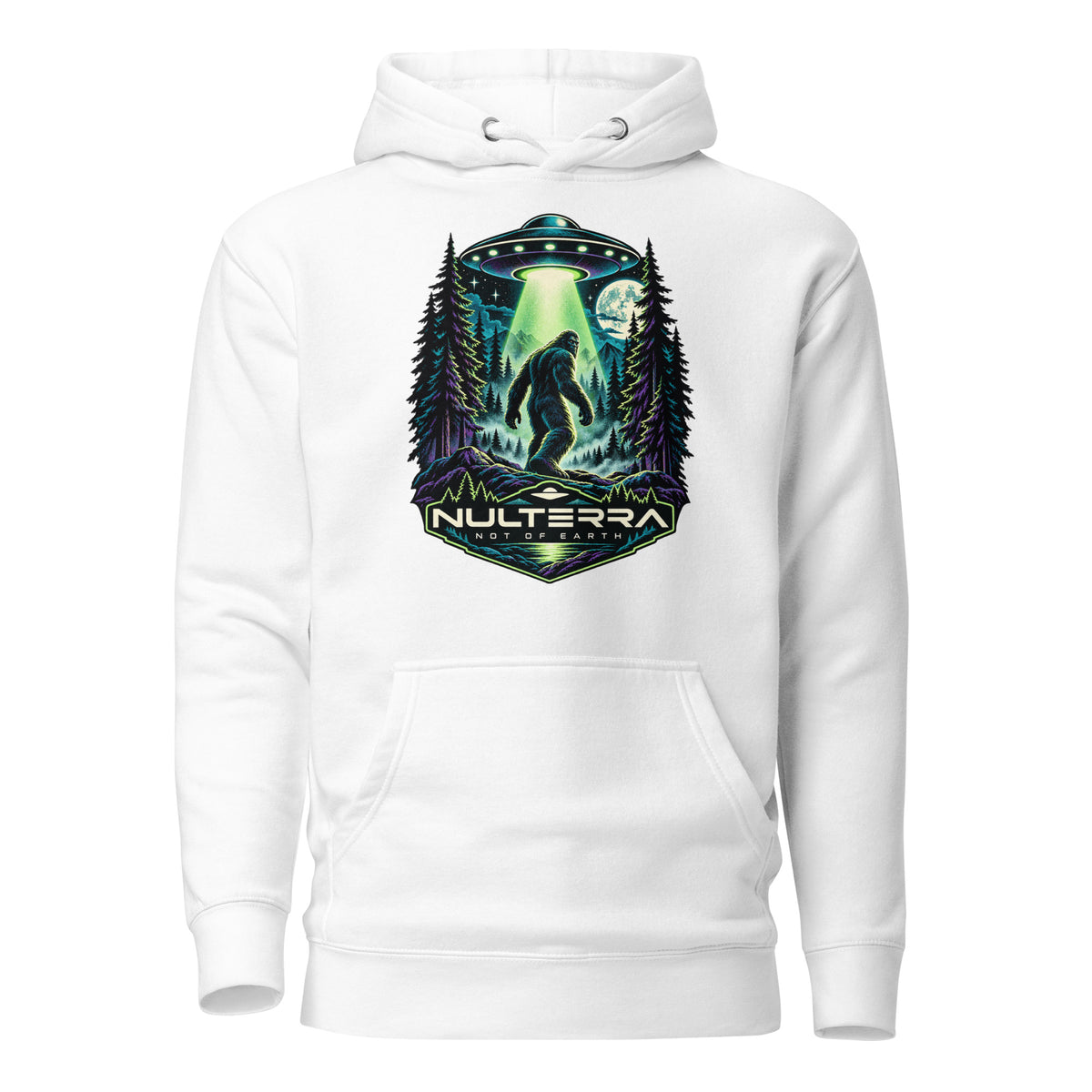 Nulterra Bigfoot Encounter UFO Hoodie in white, front view