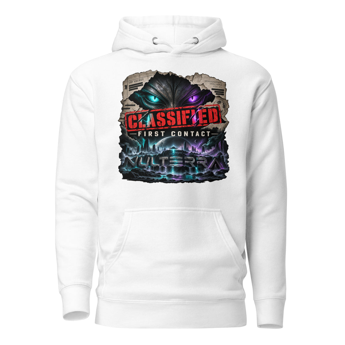 NULTERRA Classified First Contact alien UFO hoodie in white