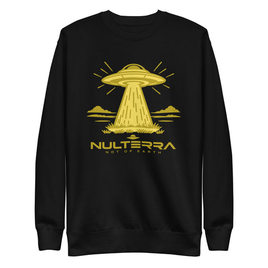 NULTERRA First Contact Sweatshirt in Black with gold UFO landing graphic, front view.