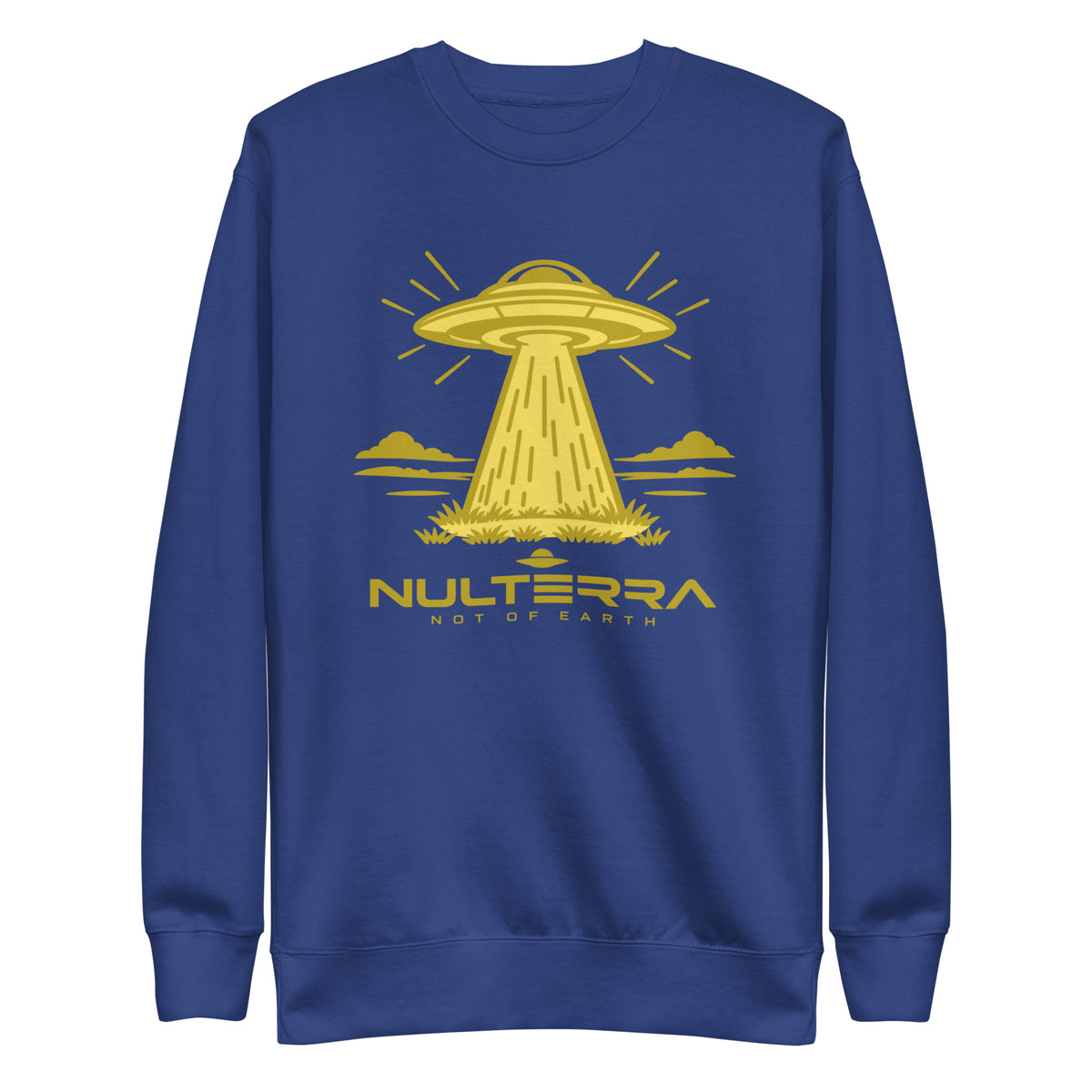 NULTERRA First Contact Sweatshirt in Team Royal with gold UFO landing graphic, front view.