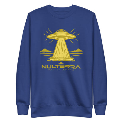 NULTERRA First Contact Sweatshirt in Team Royal with gold UFO landing graphic, front view.