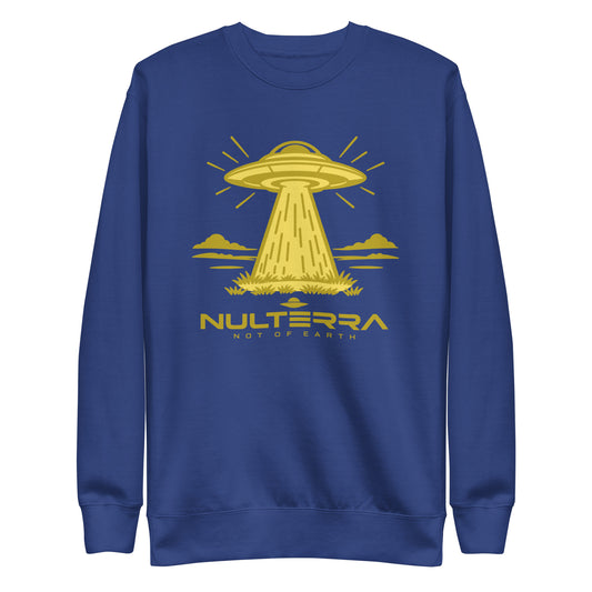 NULTERRA First Contact Sweatshirt in Team Royal with gold UFO landing graphic, front view.