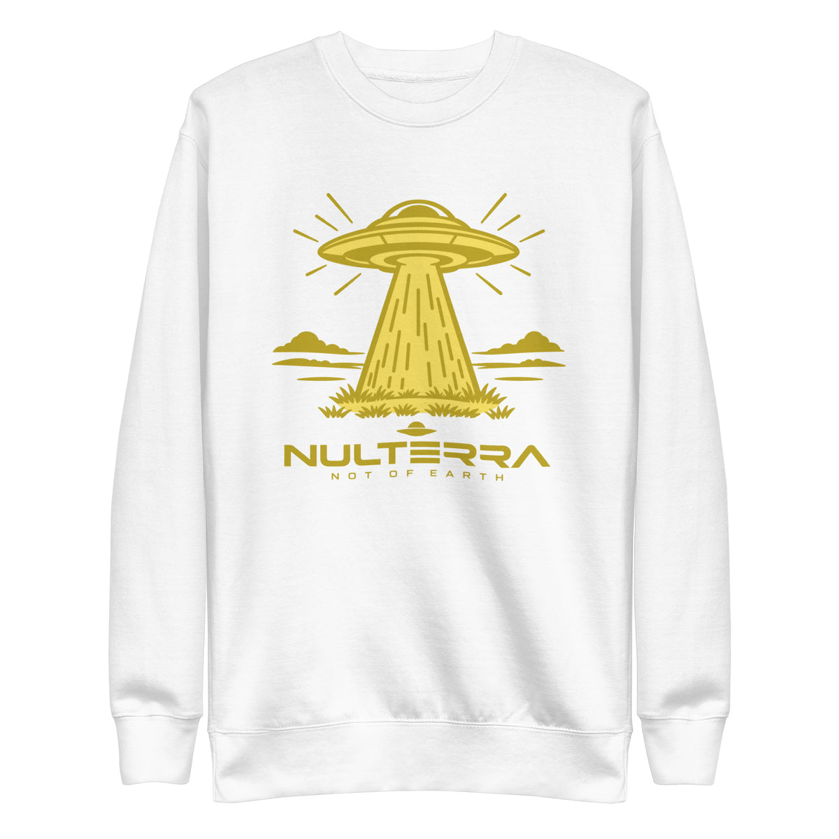 NULTERRA First Contact Sweatshirt in White with gold UFO landing graphic, front view.