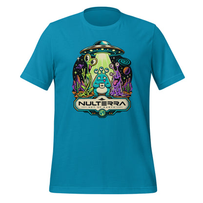Aqua Strange Planet Alien UFO T-Shirt with colourful retro sci-fi alien landscape and flying saucer graphic