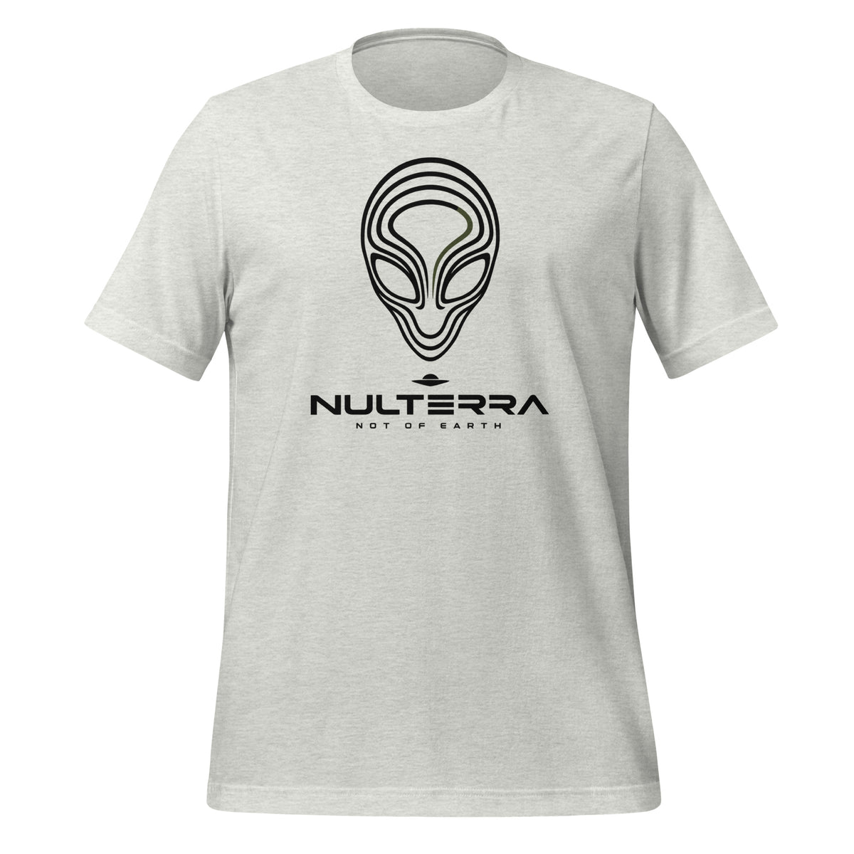 Ash Alien Echo T-shirt with a black line-art alien face and NULTERRA wordmark, front view.
