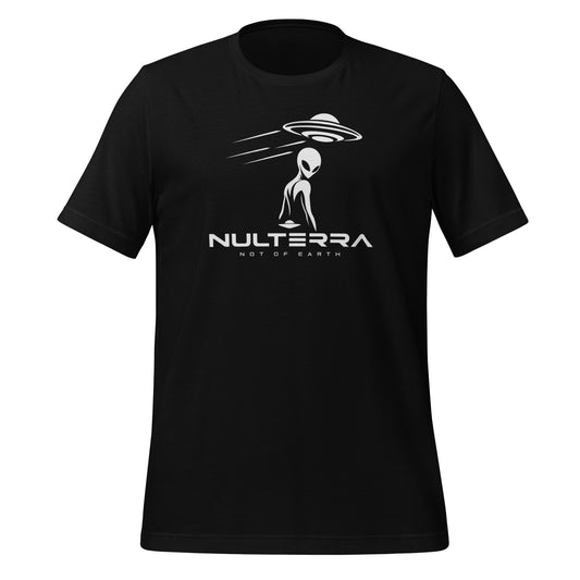 Unknown Arrival black alien T-shirt with UFO and visitor graphic, front product view