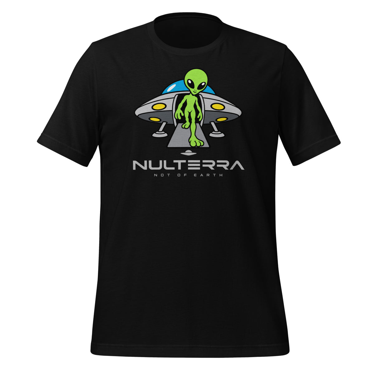 The Arrival Alien T-Shirt in black featuring a green alien stepping out of a UFO – Nulterra