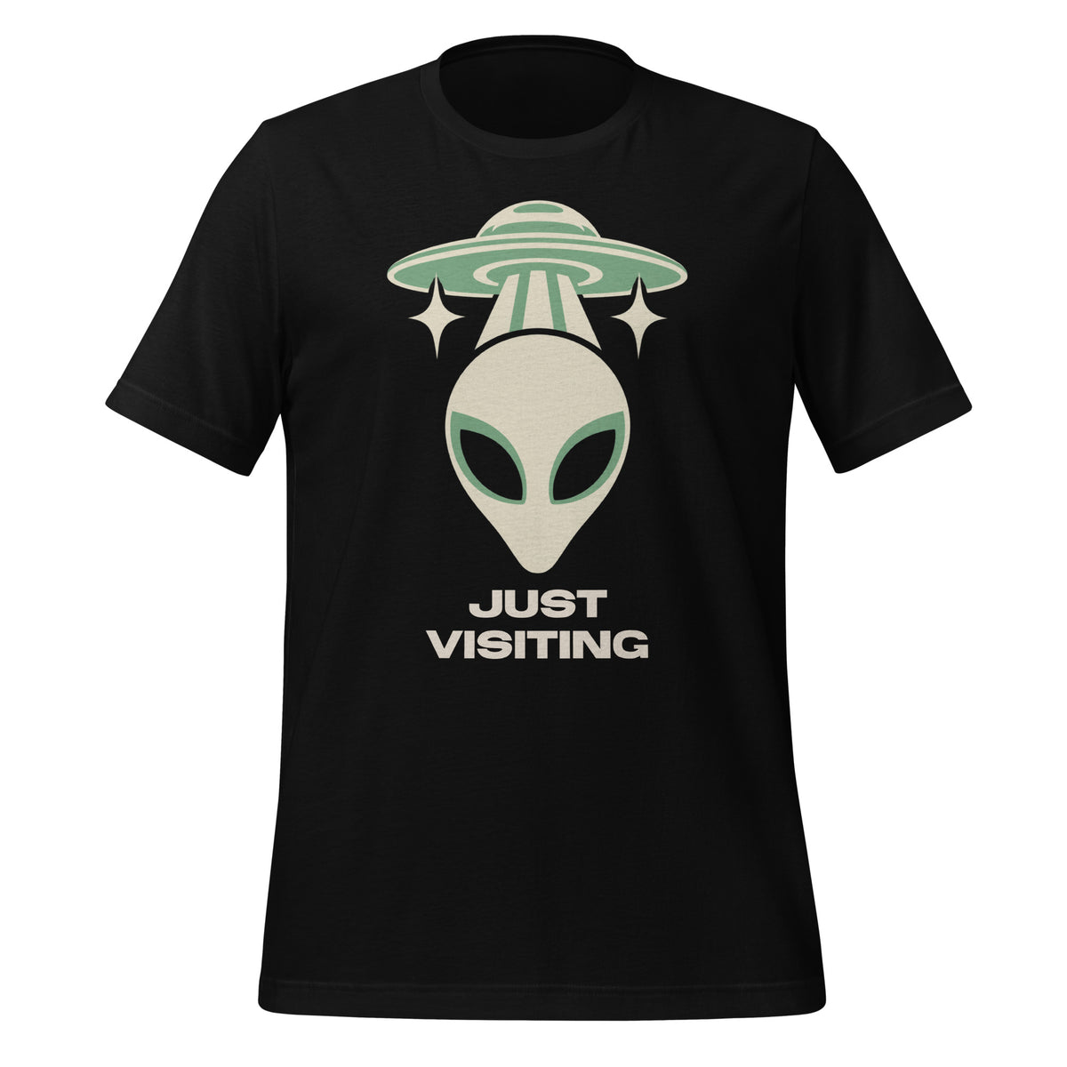 Black Nulterra T-shirt with a cream and sage green alien beneath a UFO and 'Just Visiting' lettering, front view.