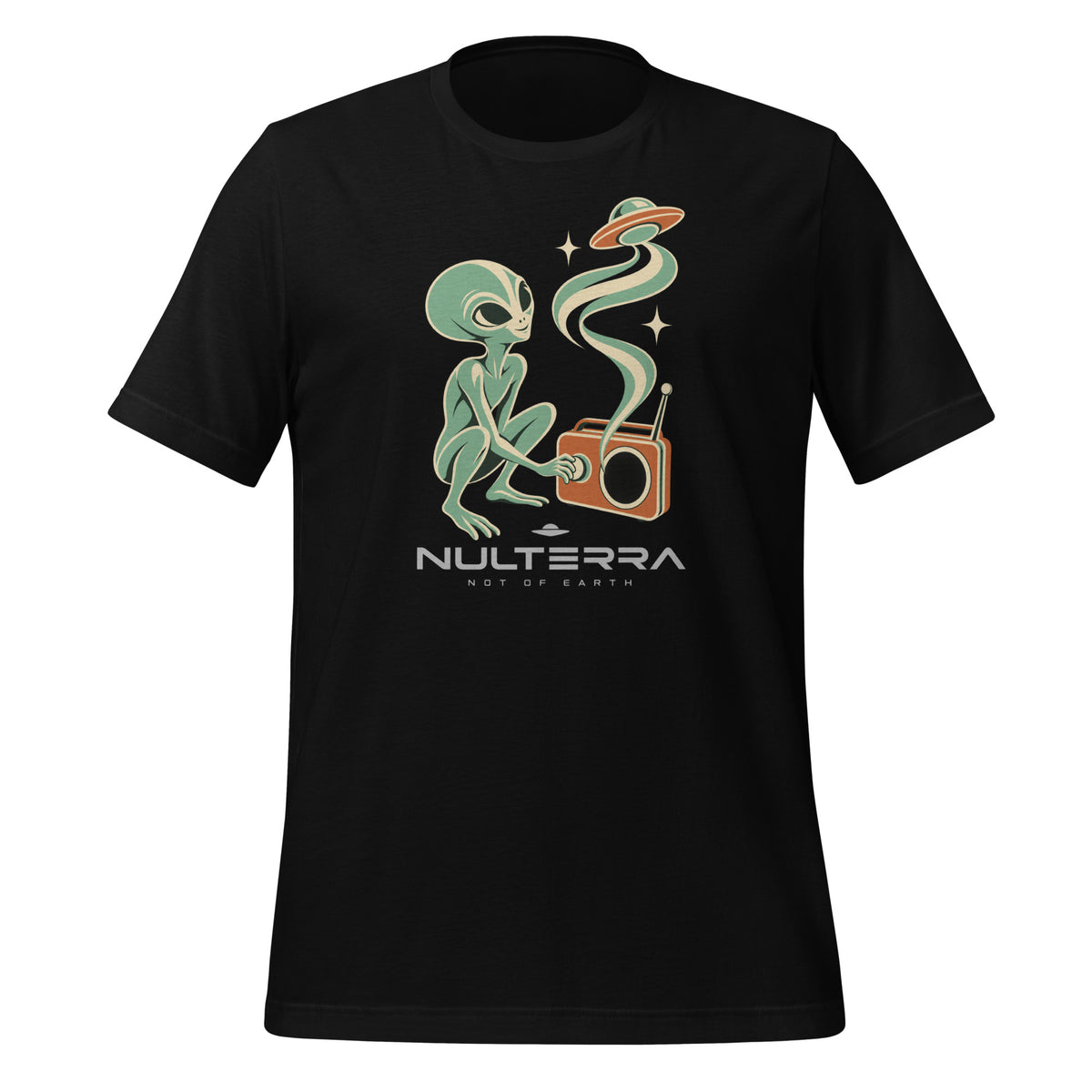 Black Nulterra T-shirt, front view with a green alien tuning an orange radio, a swirling signal and UFO above the logo.