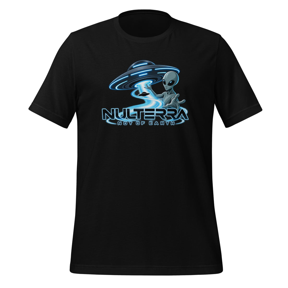 Signal Contact Alien UFO T-Shirt in black with Nulterra alien and glowing UFO graphic