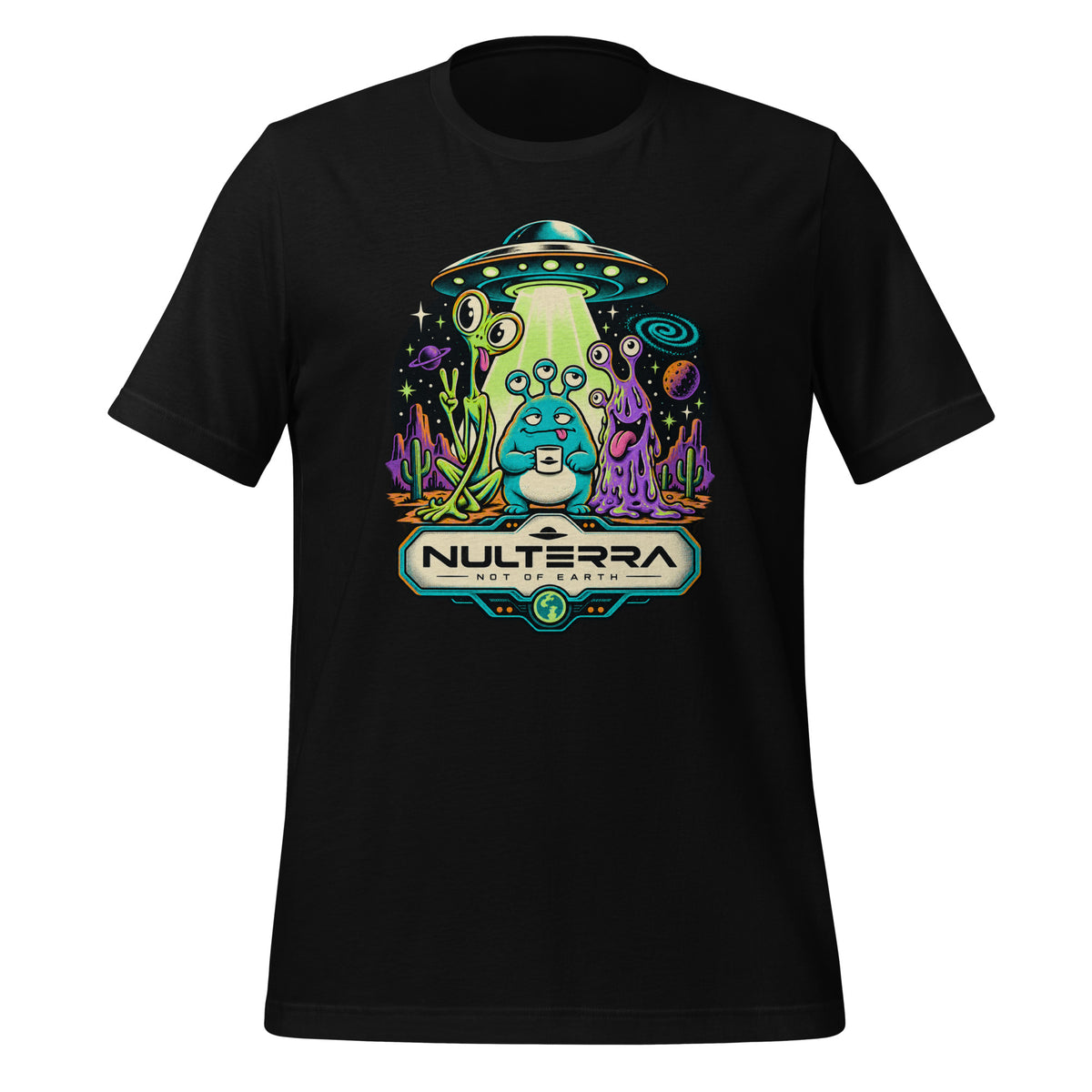 Black Strange Planet Alien UFO T-Shirt with colourful retro sci-fi alien landscape and flying saucer graphic