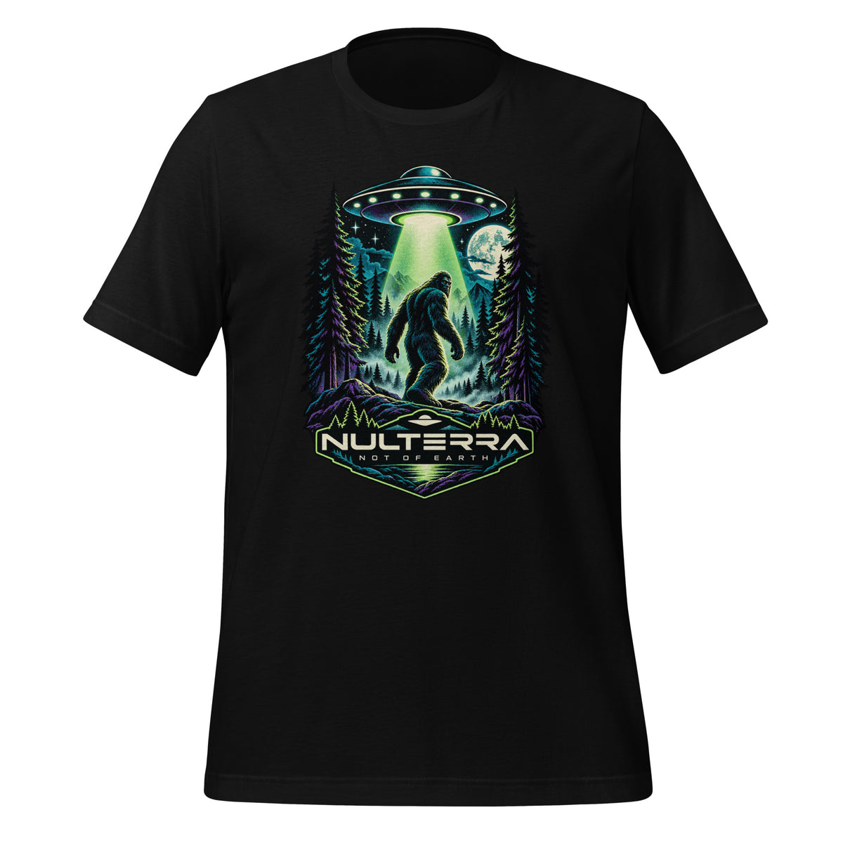 Nulterra Bigfoot Encounter UFO T-Shirt in black, front view