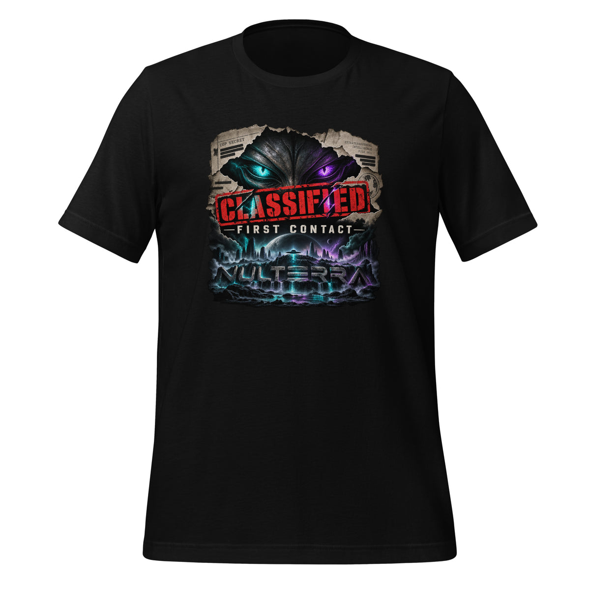 Close-up of the Nulterra Classified First Contact Alien UFO T-Shirt product image