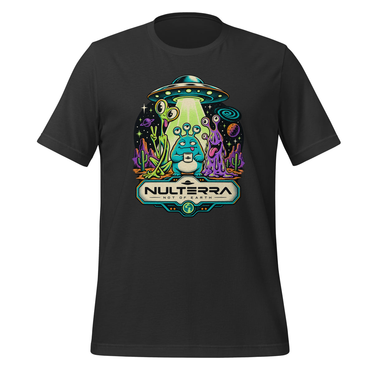 Dark grey Strange Planet Alien UFO T-Shirt with colourful retro sci-fi alien landscape and flying saucer graphic