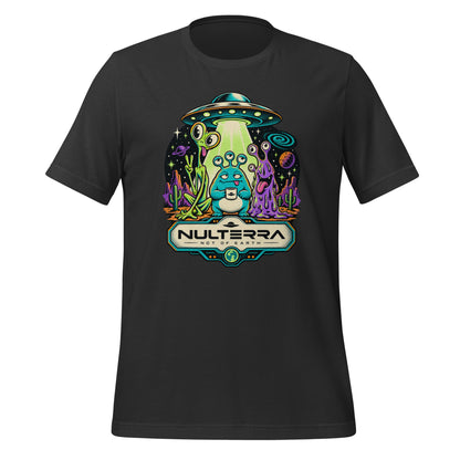 Dark grey Strange Planet Alien UFO T-Shirt with colourful retro sci-fi alien landscape and flying saucer graphic