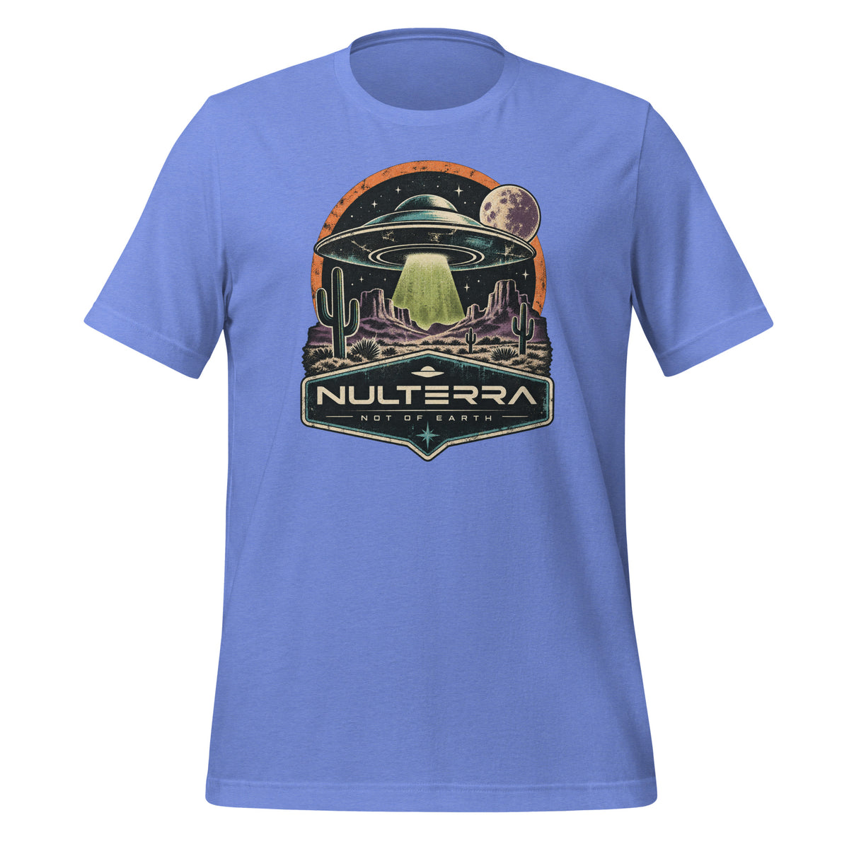Nulterra Desert Signal UFO T-Shirt in Heather Columbia Blue with retro alien desert graphic