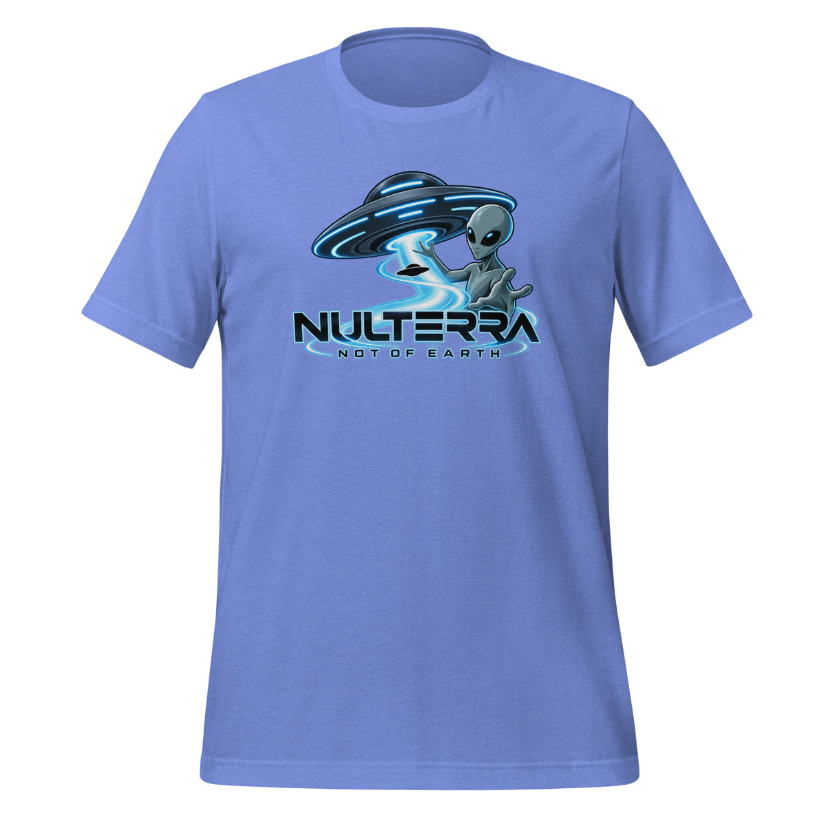 Signal Contact Alien UFO T-Shirt in Heather Columbia Blue with Nulterra alien and UFO graphic