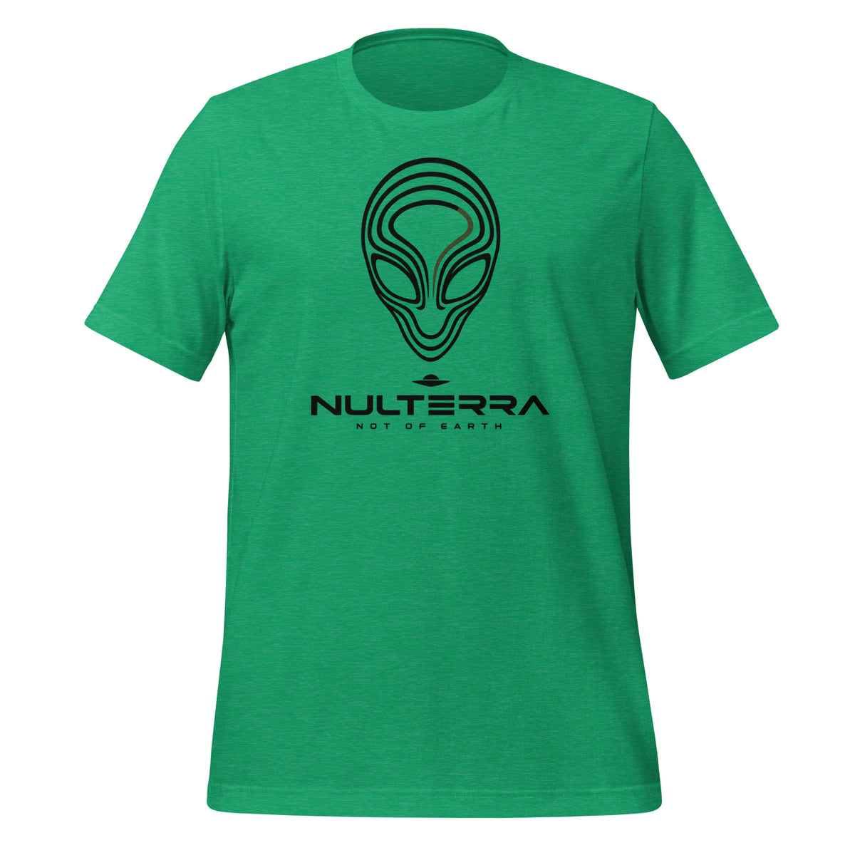 Heather Kelly green Alien Echo T-shirt with a black line-art alien face and NULTERRA wordmark, front view.