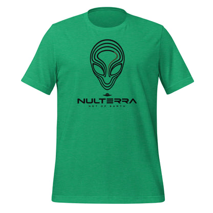 Heather Kelly green Alien Echo T-shirt with a black line-art alien face and NULTERRA wordmark, front view.