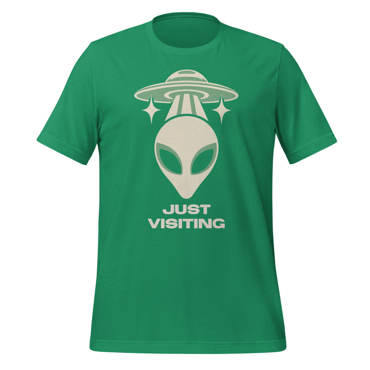 Kelly green Nulterra T-shirt with a cream and sage green alien beneath a UFO and 'Just Visiting' lettering, front view.