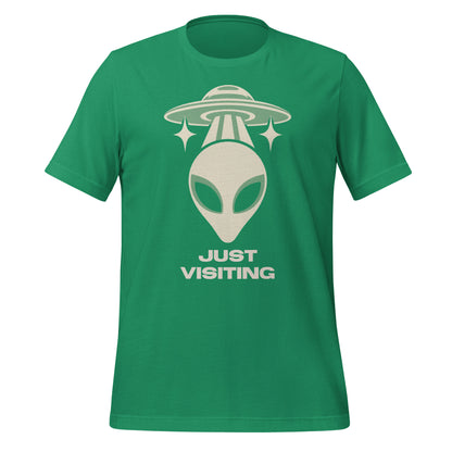 Kelly green Nulterra T-shirt with a cream and sage green alien beneath a UFO and 'Just Visiting' lettering, front view.