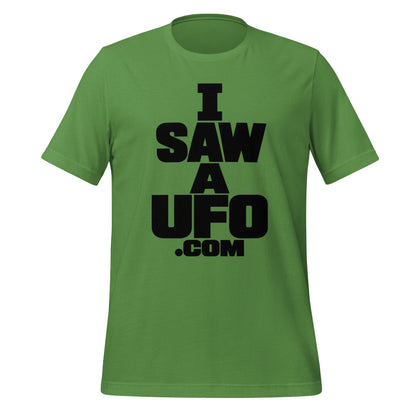 Leaf green ISAWAUFO.COM T-shirt with bold stacked black I Saw a UFO lettering, front view.