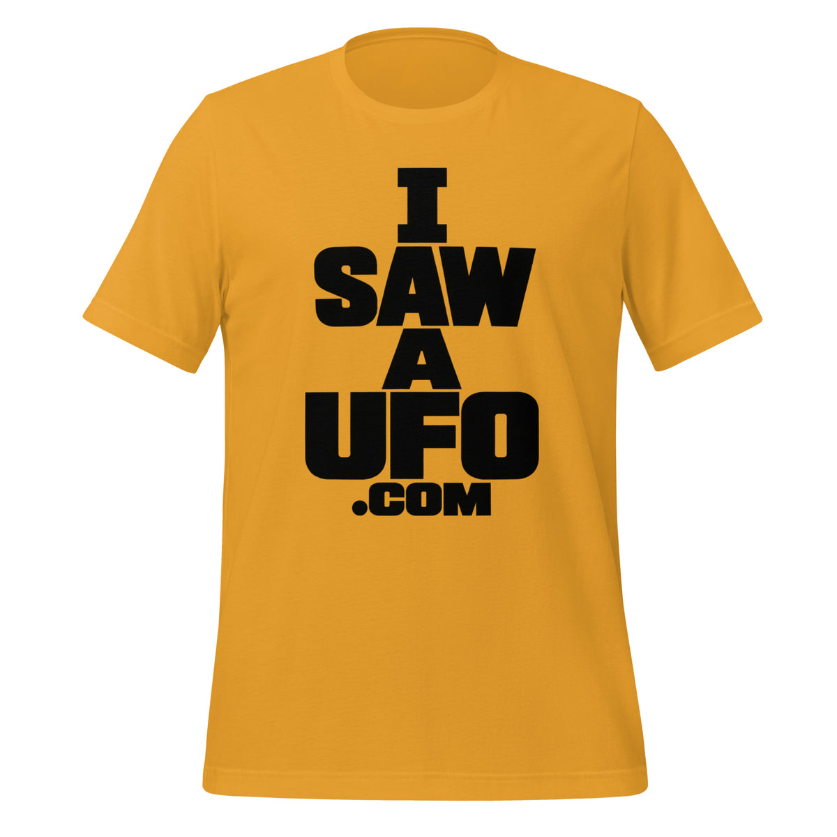 Mustard ISAWAUFO.COM T-shirt with bold stacked black I Saw a UFO lettering, front view.