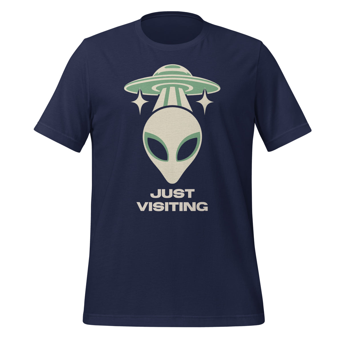 Navy Nulterra T-shirt with a cream and sage green alien beneath a UFO and 'Just Visiting' lettering, front view.