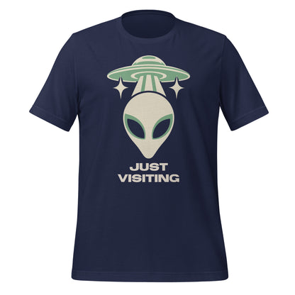 Navy Nulterra T-shirt with a cream and sage green alien beneath a UFO and 'Just Visiting' lettering, front view.