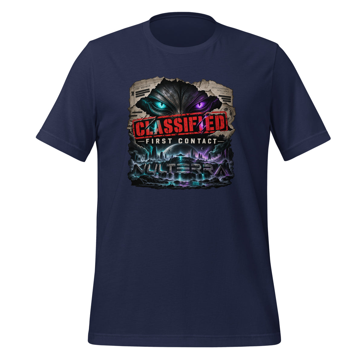 NULTERRA Classified First Contact alien UFO T-shirt in navy