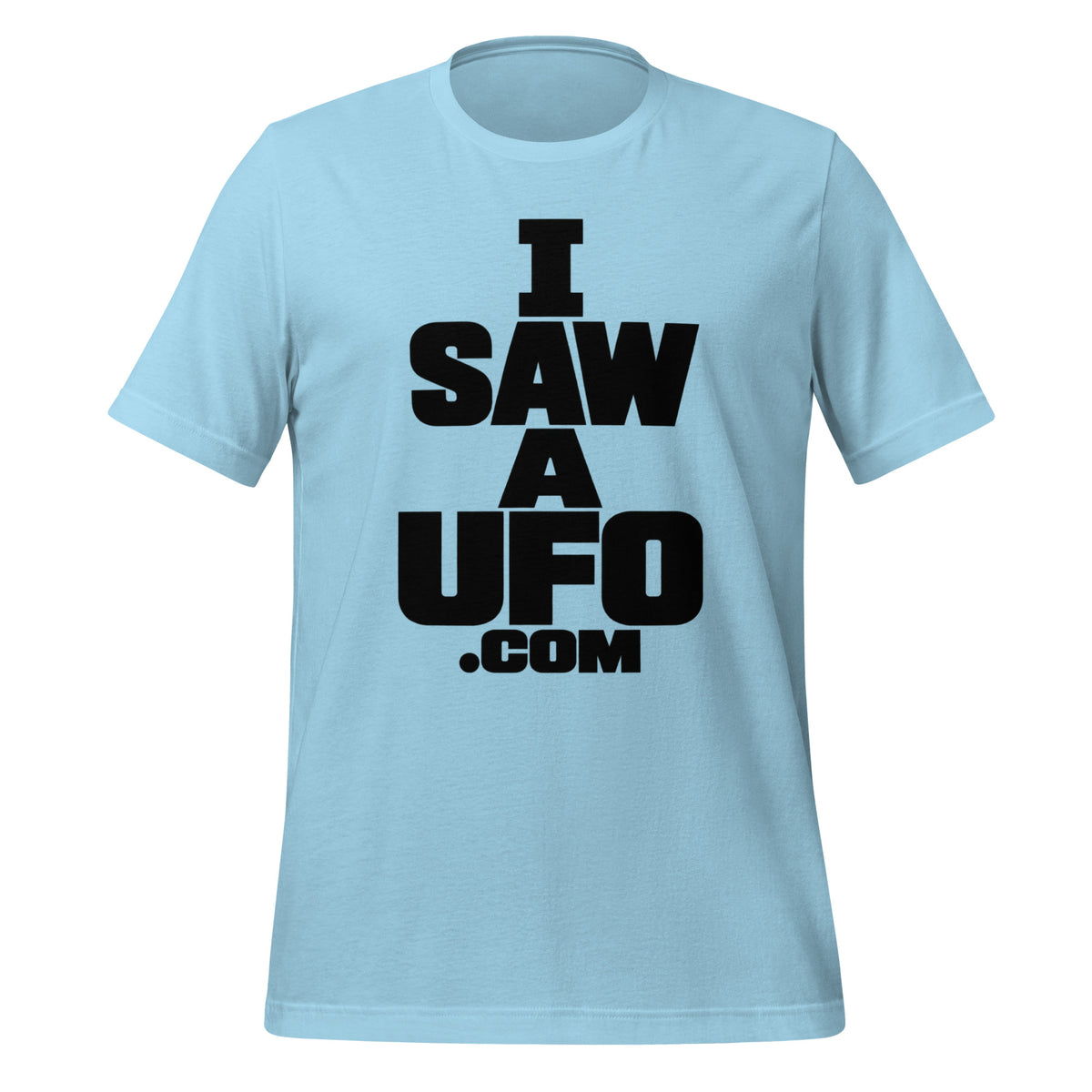 Ocean Blue ISAWAUFO.COM T-shirt with bold stacked black I Saw a UFO lettering, front view.