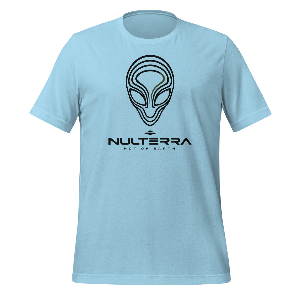 Ocean Blue Alien Echo T-shirt with a black line-art alien face and NULTERRA wordmark, front view.