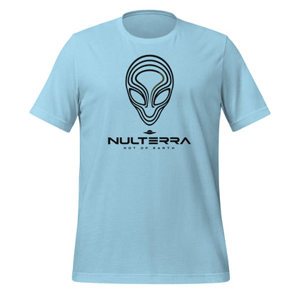 Ocean Blue Alien Echo T-shirt with a black line-art alien face and NULTERRA wordmark, front view.