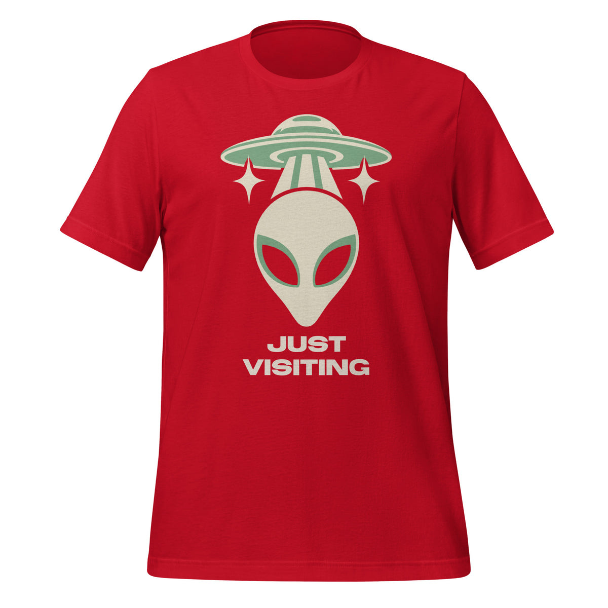Red Nulterra T-shirt with a cream and sage green alien beneath a UFO and 'Just Visiting' lettering, front view.