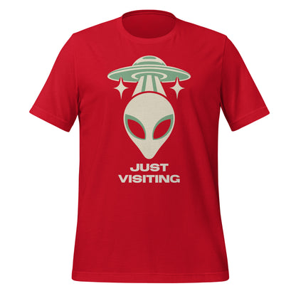 Red Nulterra T-shirt with a cream and sage green alien beneath a UFO and 'Just Visiting' lettering, front view.