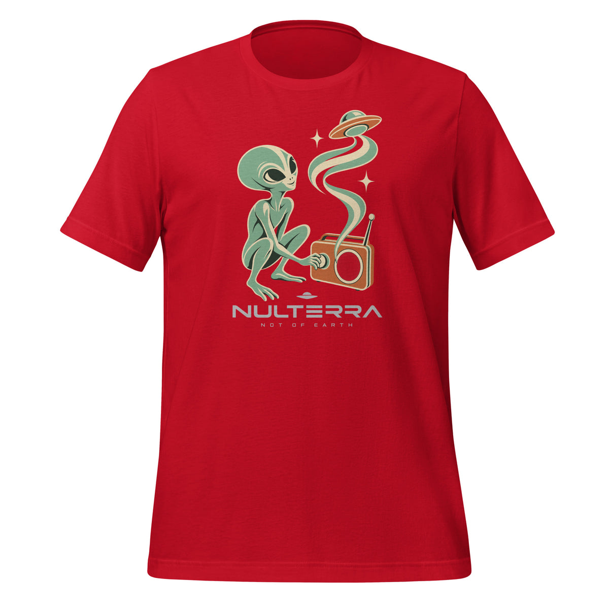 Red Nulterra T-shirt, front view with a green alien tuning an orange radio, a swirling signal and UFO above the logo.