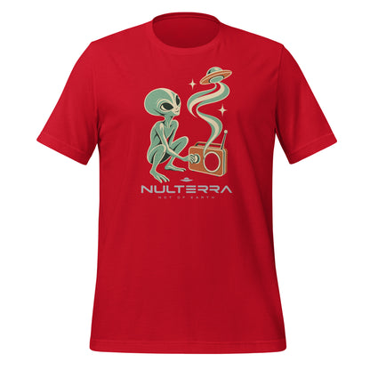 Red Nulterra T-shirt, front view with a green alien tuning an orange radio, a swirling signal and UFO above the logo.