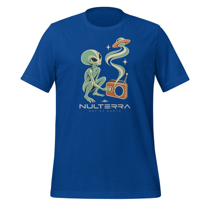 Royal blue Nulterra T-shirt, front view with a green alien tuning an orange radio, a swirling signal and UFO above the logo.