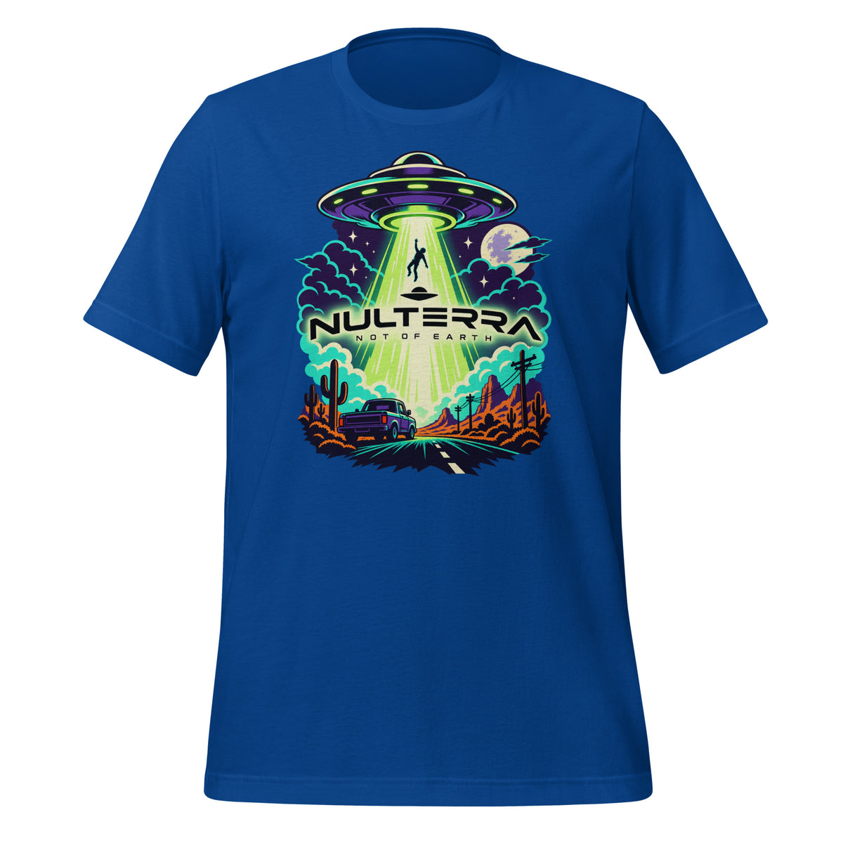 Desert Abduction Alien UFO T-Shirt in true royal blue by Nulterra
