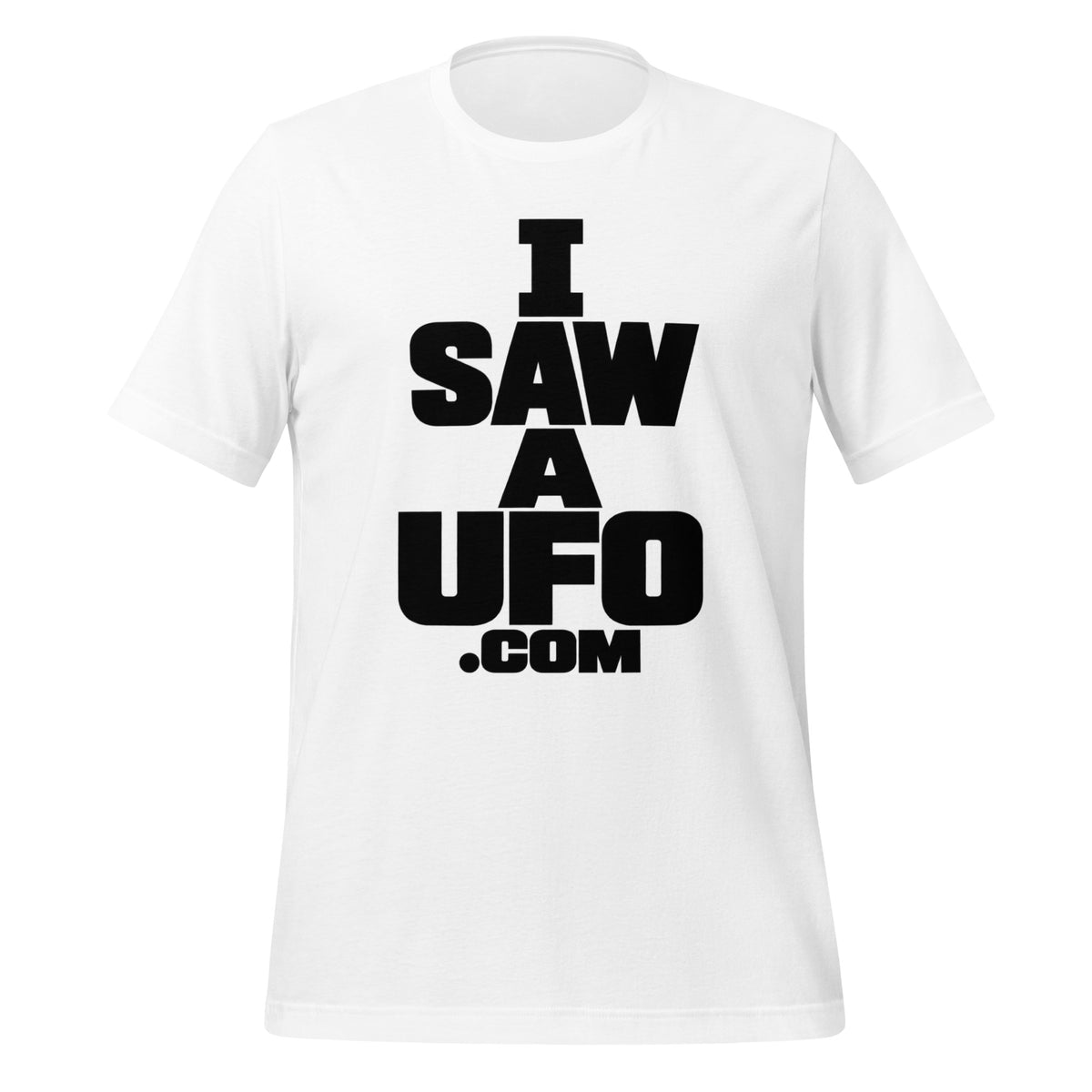White ISAWAUFO.COM T-shirt with bold stacked black I Saw a UFO lettering, front view.
