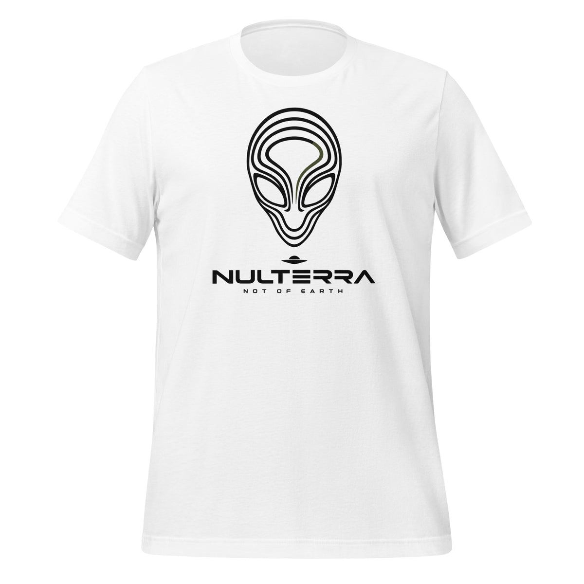 White Alien Echo T-shirt with a black line-art alien face and NULTERRA wordmark, front view.