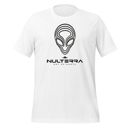 White Alien Echo T-shirt with a black line-art alien face and NULTERRA wordmark, front view.