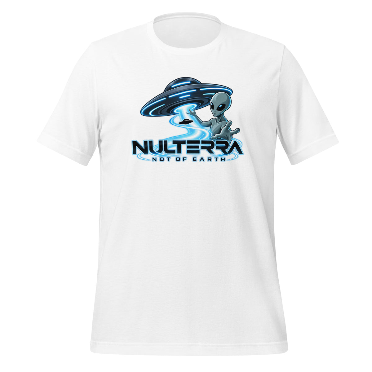 Signal Contact Alien UFO T-Shirt in white with Nulterra alien and glowing UFO graphic