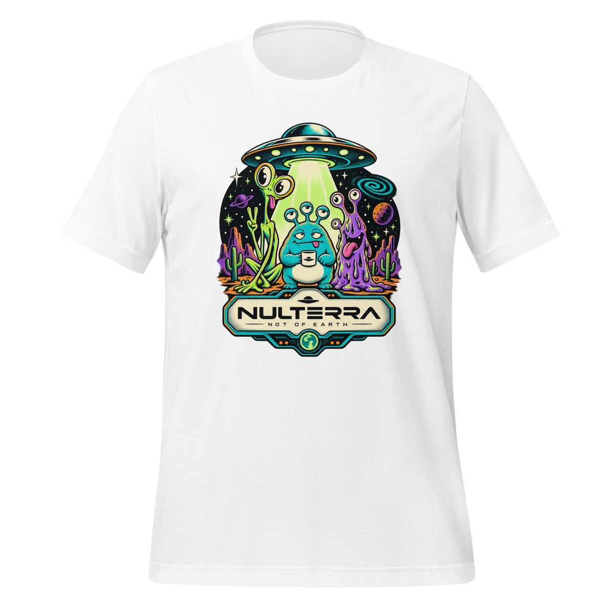 White Strange Planet Alien UFO T-Shirt with colourful retro sci-fi alien landscape and flying saucer graphic