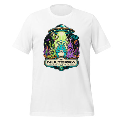 White Strange Planet Alien UFO T-Shirt with colourful retro sci-fi alien landscape and flying saucer graphic