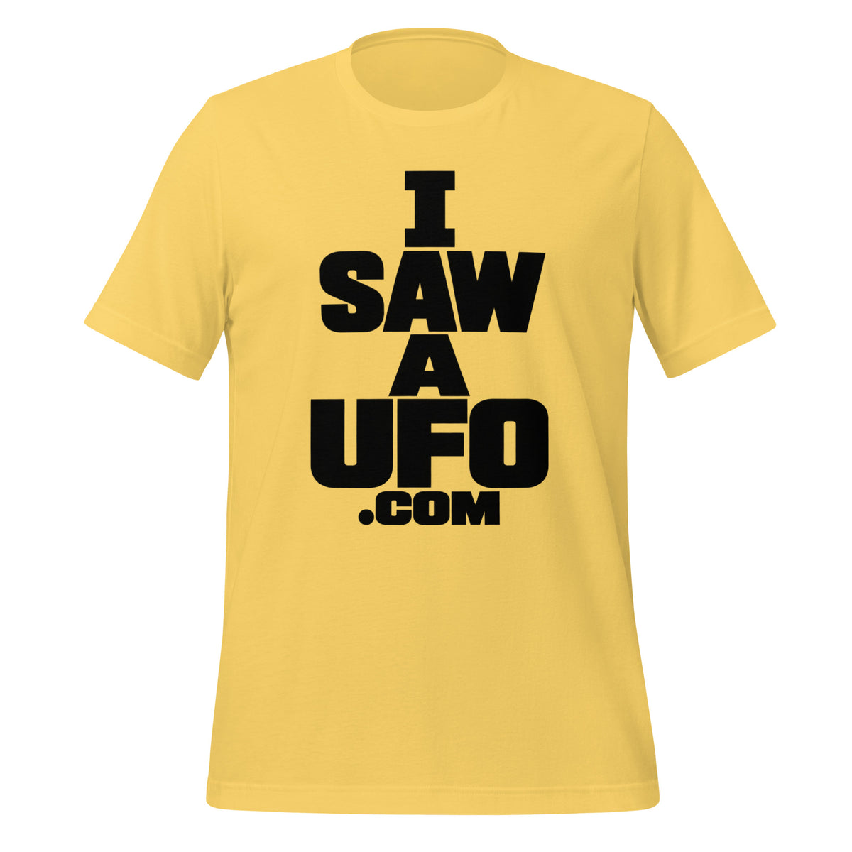 Yellow ISAWAUFO.COM T-shirt with bold stacked black I Saw a UFO lettering, front view.
