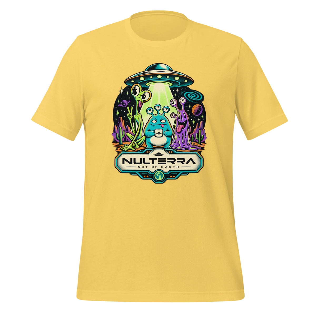 Yellow Strange Planet Alien UFO T-Shirt with colourful retro sci-fi alien landscape and flying saucer graphic